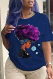 Camisetas con cuello en O de patchwork con estampado vintage azul marino