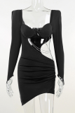 Black Sexy Solid Chains Square Collar Pencil Skirt Dresses