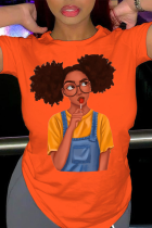 Orange T-Shirts mit Patchwork-O-Ausschnitt und Vintage-Print