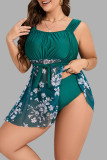 Green Sexy Print Patchwork Backless Square Collar Plus Size Swimwear (With Paddings)