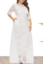 Witte casual effen patchwork doorzichtige lange jurk met ronde hals Grote maten jurken