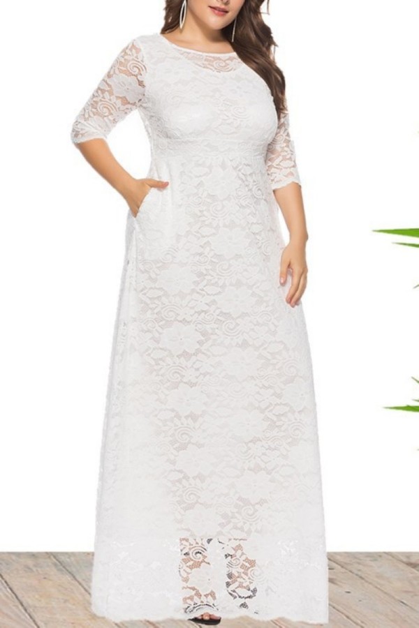 Vestido largo con cuello en O transparente de patchwork sólido casual blanco Vestidos de talla grande