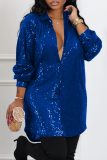 Blue Street Solid Sequins Turndown Collar Shirt Dress Dresses
