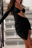 ブラック セクシー ソリッド チェーン スクエア カラー ペンシル スカート ドレス