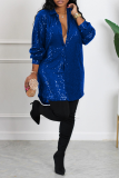 Blaue Street Solid Pailletten Umlegekragen Hemdkleid Kleider