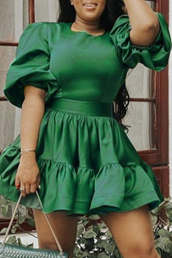 Grüne, lässige, solide Patchwork-Kleider mit O-Ausschnitt und A-Linie