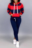 Tibetan Blue Casual Striped Patchwork Hooded Collar Long Sleeve Two Pieces