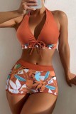 Antique Brass Sexy Print Bandage Patchwork Backless Swimwears (With Paddings)