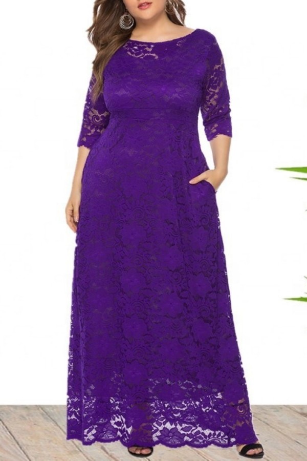 Темно-фиолетовое повседневное однотонное прозрачное длинное платье в стиле пэчворк с круглым вырезом Платья больших размеров