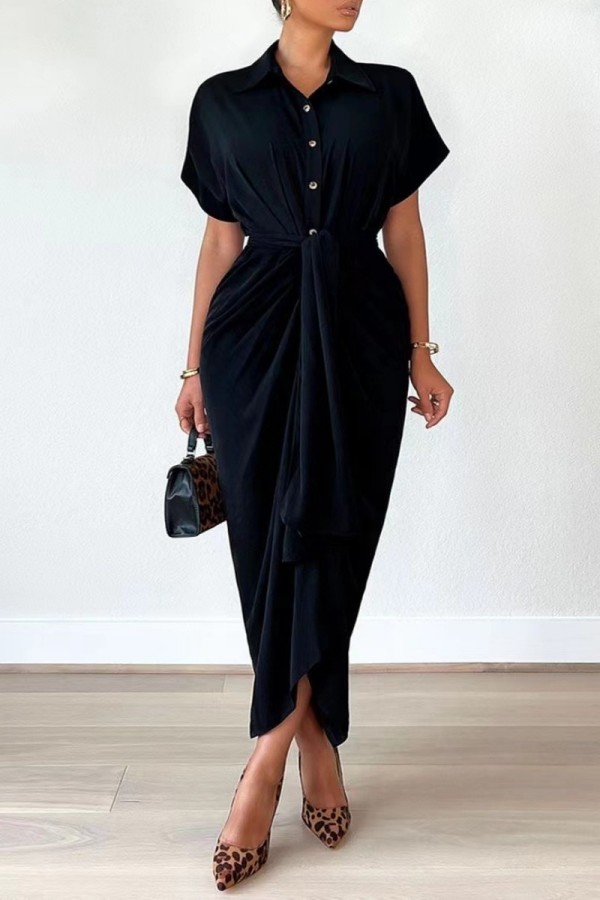 Черное повседневное однотонное платье-рубашка в стиле пэчворк с отложным воротником Платья Платья