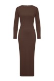 Brown Casual Solid Basic O Neck Long Sleeve Dresses