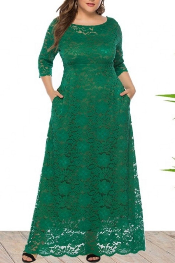 Vestido largo con cuello en O transparente de patchwork sólido informal verde Vestidos de talla grande