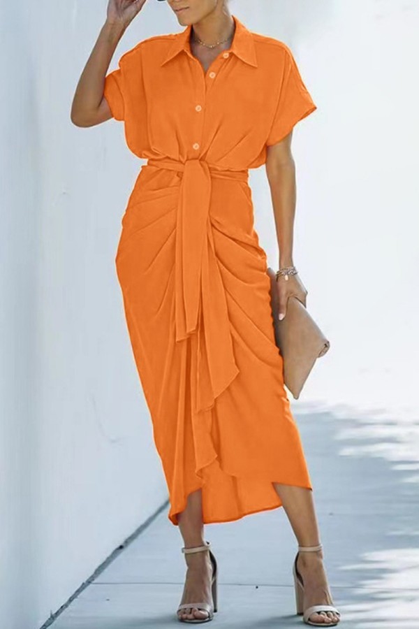 Оранжевое повседневное однотонное платье-рубашка в стиле пэчворк с отложным воротником Платья Платья