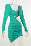 Green Sexy Solid Chains Square Collar Pencil Skirt Dresses