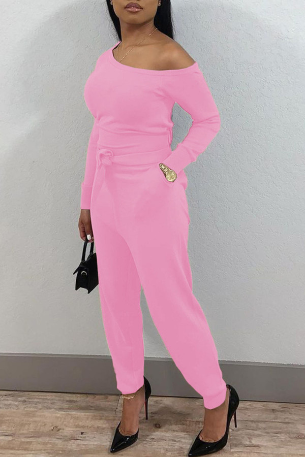 ピンク カジュアル ソリッド パッチワーク 斜め襟 レギュラー ジャンプスーツ