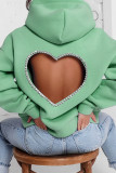 Green Casual Solid Hot Drilling Backless Hooded Collar Tops