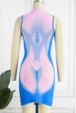 Blå sexigt tryck Basic turtleneck ärmlösa klänningar