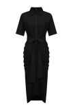 Черное повседневное однотонное платье-рубашка в стиле пэчворк с отложным воротником Платья Платья