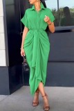 グリーン カジュアル ソリッド パッチワーク ターンダウンカラー シャツドレス ドレス