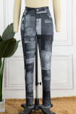 Pantalones casuales estampados básicos regulares cintura alta lápiz estampado completo gris