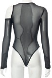 Macacão skinny preto sexy sólido patchwork transparente com decote em O