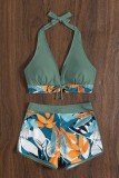 Army Green Sexy Print Bandage Patchwork Backless Swimwears (With Paddings)