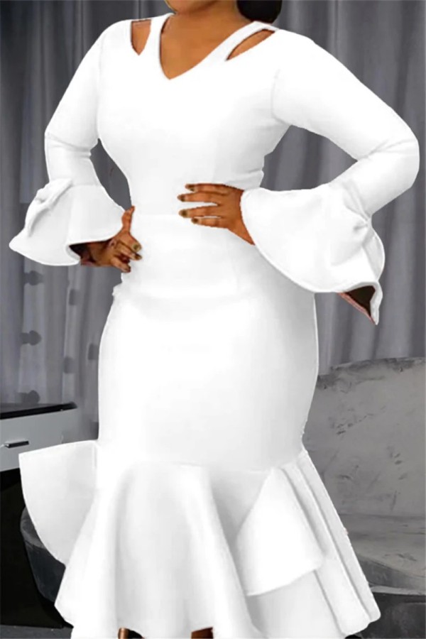 Witte Sexy Casual Effen Uitgeholde V-hals Lange mouw Grote maten jurken