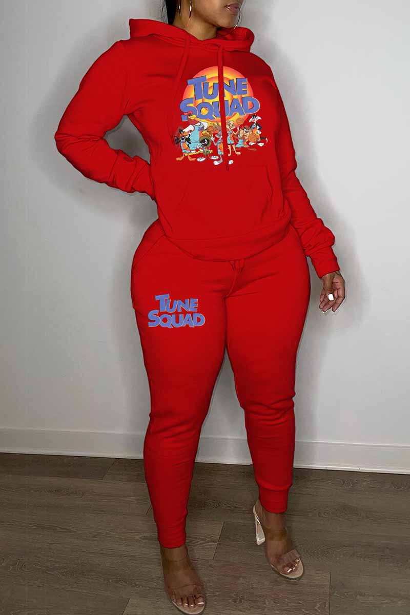 

Red Casual Character Print Letter Hooded Collar Long Sleeve Two Pieces