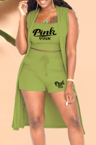 Green Fashion Print Patchwork Cardigan Collar Sleeveless Three Pieces