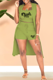 Green Fashion Print Patchwork Cardigan Collar Sleeveless Three Pieces