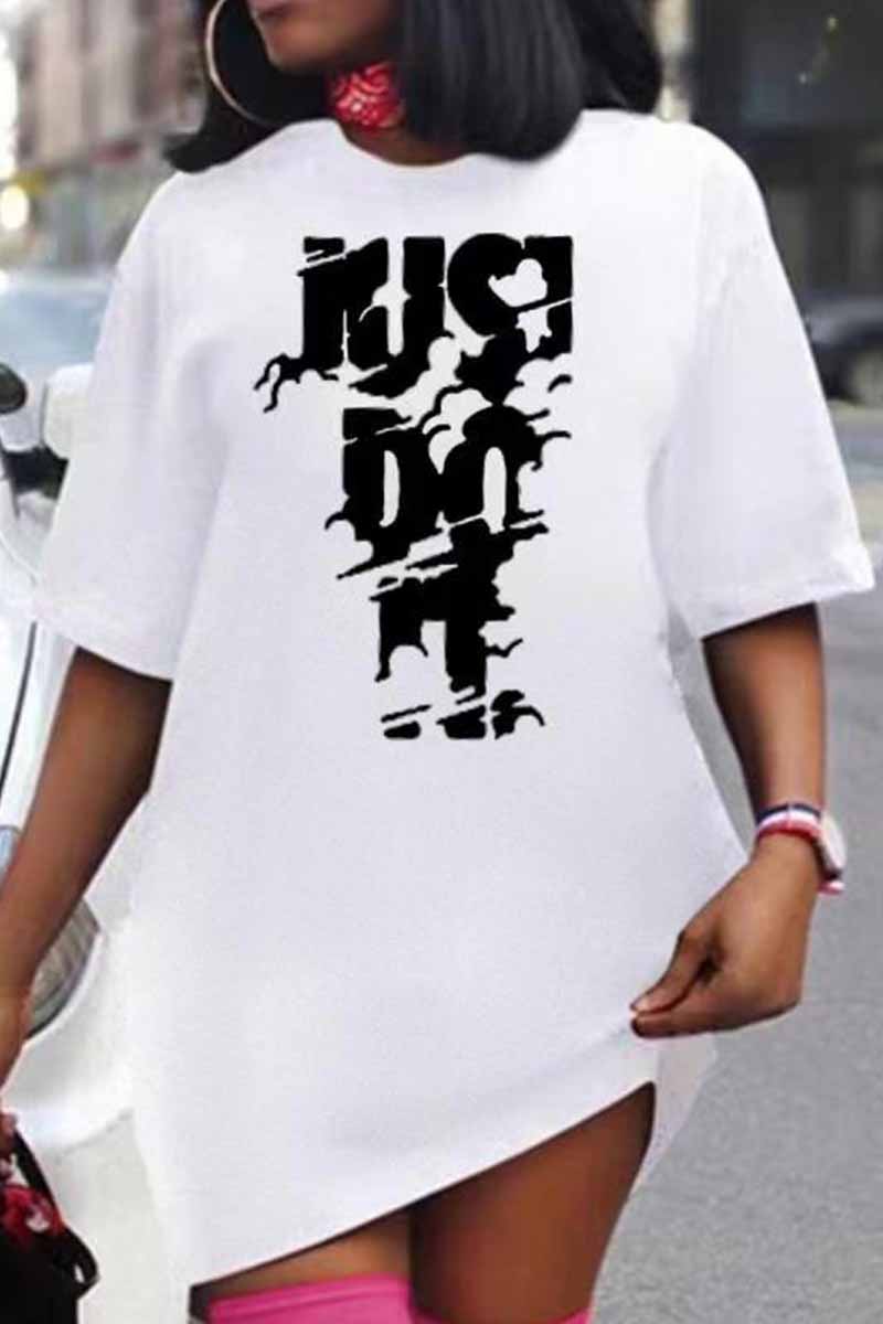 

White Casual Print Letter O Neck T-Shirts