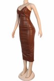 Brown PU Fashion Sexy adult Ma'am Spaghetti Strap Sleeveless V Neck Hip skirt Mid-Calf Solid Dresses