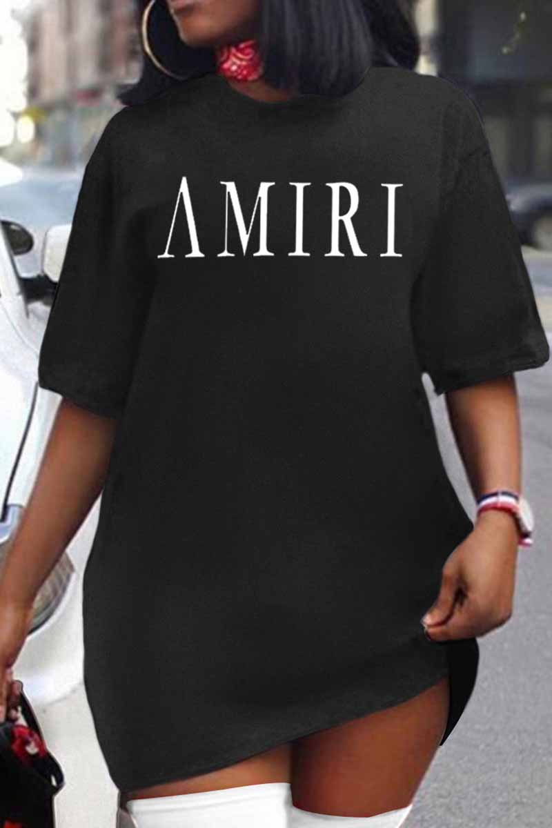 

Black Casual Print Letter O Neck T-Shirts