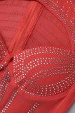 Rode sexy patchwork hete boren uitgeholde doorzichtige halve coltrui jurken met lange mouwen