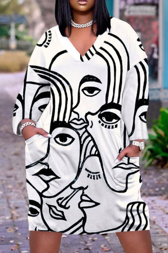 White Casual Print Patchwork Basic V Neck Long Sleeve Dresses