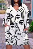 Witte casual print patchwork basic jurken met V-hals en lange mouwen