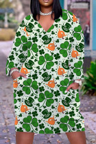 グリーン オレンジ カジュアル プリント パッチワーク ベーシック Vネック 長袖 ドレス