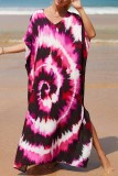 シアンカジュアルプリントパッチワークスリットVネックビーチドレスドレス