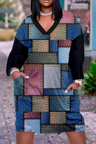Blue Black Casual Print Patchwork V Neck Long Sleeve Dresses