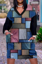 Vestidos manga longa com estampa casual azul preto patchwork
