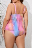 Pink Sexy Print Backless U Neck Plus Size Swimwear (With Paddings)