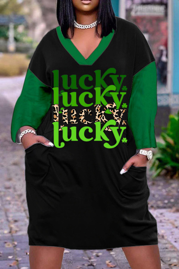 ブラック グリーン カジュアル プリント パッチワーク ベーシック Vネック ロングスリーブ ドレス