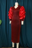 赤 カジュアル ソリッド パッチワーク Vネック ワンステップ スカート ドレス
