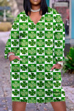 Светло-зеленый Повседневный принт Пэчворк Базовые платья с v-образным вырезом и длинным рукавом
