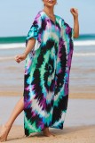 Ljusblå Casual Print Patchwork Slit V Neck Beach Dress Klänningar