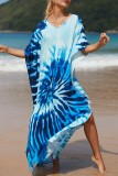 Light Blue Casual Print Patchwork Slit V Neck Beach Dress Dresses