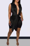 Schwarze Mode Sexy Casual Solid Frenulum V-Ausschnitt Weste Kleid Kleider