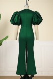 Green Casual Solid Hollowed Out Patchwork Square Collar Regular Jumpsuits
