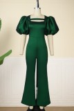 Green Casual Solid Hollowed Out Patchwork Square Collar Regular Jumpsuits