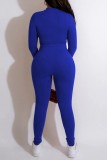 ブルー ファッション カジュアル ソリッド パッチワーク ジッパー カラー ロング スリーブ XNUMX ピース